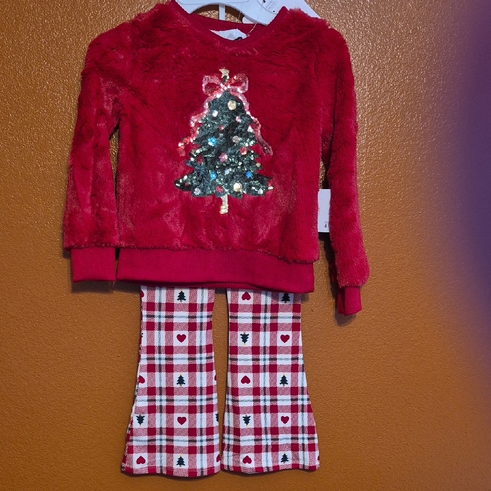 btween Red Plush Holiday Pajama Set/ Outfit with Sequin Christmas Tree